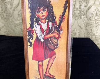 Vintage 1960s 1970s Big Eyes Art by Lien Mei Female Playing Guitar Wall Decor Kitsch Kitschy Made in Tawaiian Republic of China