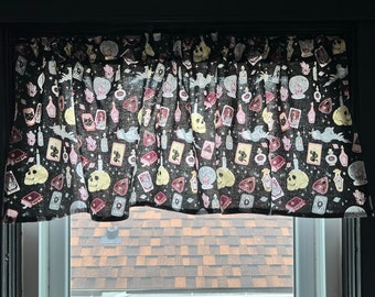 Spellbound Halloween Home Decor Window Valance, Cafe Curtains, or Both, Your Choice! Goth Crystals Skulls