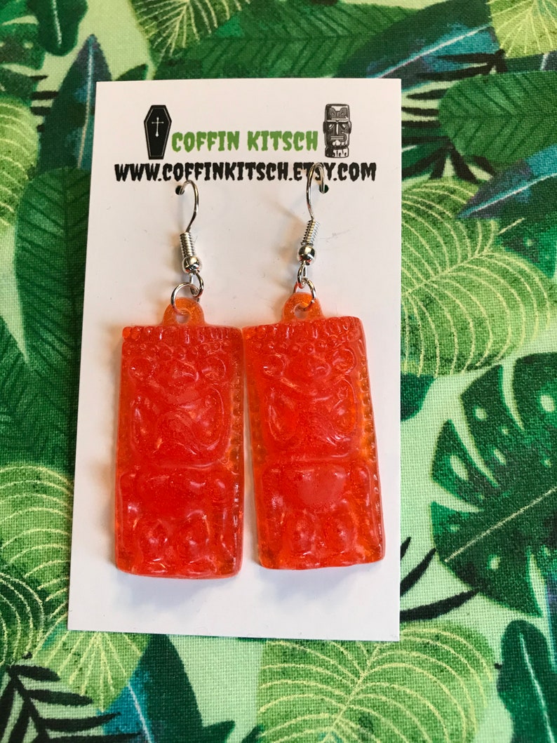 Tiki Dangle Earrings Orange Resin Pinup Retro Inspired Tropical Accessory Free Ship