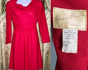 Vintage 1970s 1980s Red Dress Herman Marcus Studio Vintage 16 Modern Medium/Large Neckline Retro Pinup Style