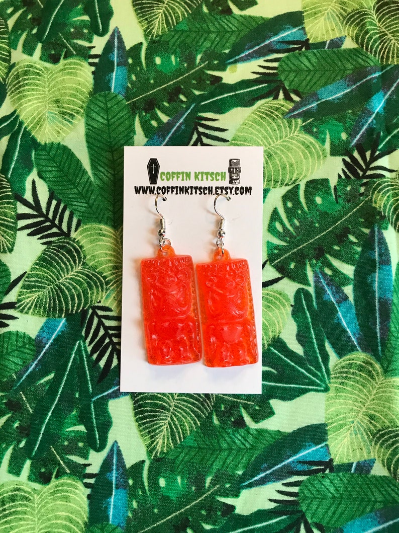 Tiki Dangle Earrings Orange Resin Pinup Retro Inspired Tropical Accessory Free Ship
