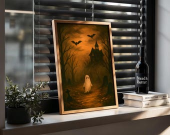 Vintage Halloween Ghost Poster, Dark Academia Wall Art Print, Spooky Gothic Haunted House, Trendy Cute Halloween Decor