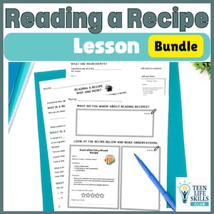 May include: A teal and white lesson bundle titled "Reading a Recipe" with the word "Lesson" in teal and "Bundle" in yellow. The bundle includes worksheets with fill-in-the-blank questions and a recipe for Australian Fairy Bread.