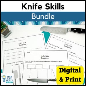 Puede incluir: Un paquete de materiales educativos sobre habilidades con cuchillos. La imagen presenta un cuchillo de chef, hojas de trabajo con preguntas y el texto "Knife Skills Bundle" y "Digital & Print". Las hojas de trabajo incluyen preguntas sobre seguridad y partes del cuchillo.