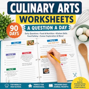 Pode incluir: Um fichário intitulado Culinary Arts Worksheets A Question A Day com 90 dias de perguntas diárias sobre alimentação, nutrição e habilidades culinárias. As páginas abertas mostram os dias 27 a 33 com linhas e pequenas imagens.