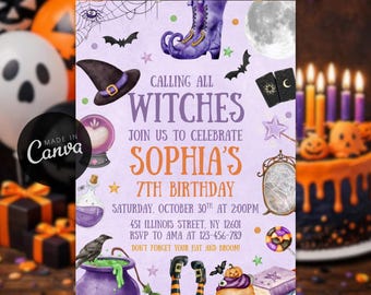 Edytowalne zaproszenie na przyjęcie urodzinowe w stylu czarownicy, szablon na Halloween dla dzieci, zaproszenie na Halloween (do pobrania cyfrowego)