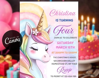 Editable Unicorn Birthday Invitation, Pastel Rainbow Unicorn Girls Invite, Princess Party Theme Template