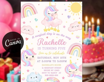 Editable Unicorn Birthday Invitation, Kids Rainbow Unicorn Party Template, Girls Pink Digital Invite