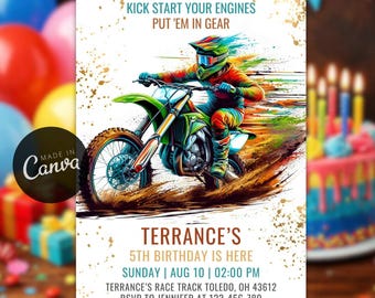 Convite de aniversário editável com tema de motocross, modelo para festa temática de motocross, convite para festa de motocross (download instantâneo)