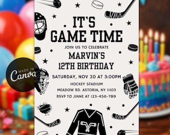 Invitación editable para el 12º cumpleaños con temática de hockey sobre hielo, plantilla para fiesta de patinaje invernal (descarga digital)