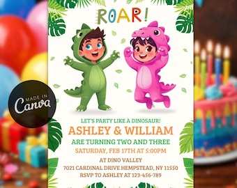 Editable Dinosaur Twins Birthday Invitation, T-Rex Costumes Kids Party Template, T-Rex Invite (Digital Download)
