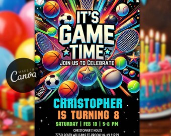 Convite de aniversário esportivo editável, modelo para festa temática de esportes All-Star, convite digital "É hora do jogo!"