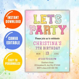 Bearbeitbar Lets Party Geburtstagseinladung, bunte druckbare einladen, Feier Party Thema digitale Vorlage