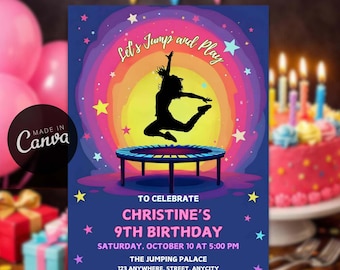 Editable Trampoline Birthday Party Invitation, Girls Bounce Party Theme Template, Jump Invite Digital Download