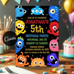 Monster zum 5. Geburtstagseinladung: Bearbeitbare Monsterpartyeinladung (digital druckbar)
