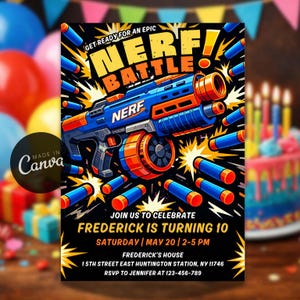 Editable Nerf Battle Birthday Invitation, Action Theme Party Invite, Printable Template (Digital Evite)