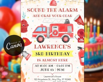 Editable Firetruck Birthday Invitation Template, Firefighter Theme Template, Fire Engine Invite (Digital Download)