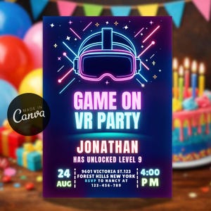 Editable Neon VR Birthday Invitation, Virtual Reality Game Party (Digital Evite)
