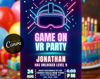 Invito di compleanno modificabile in realtà virtuale al neon, festa con gioco di realtà virtuale (invito digitale)