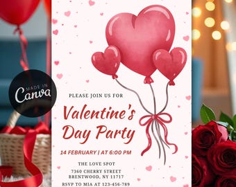 Editable Valentine's Party Invitation, Heart Balloons Theme (Digital Download)