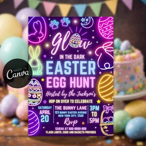 May include: A purple invitation for a glow-in-the-dark Easter egg hunt. The design features neon bunny and egg illustrations, with event details including date, time, and location. The text reads "Glow in the Dark Easter Egg Hunt".