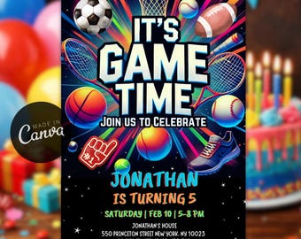 Convite de aniversário esportivo editável, modelo para festa de aniversário de meninos com tema esportivo, convite "Hora do Jogo"