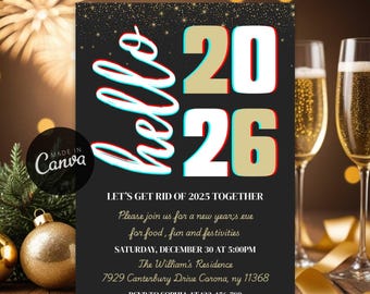 Black and Gold New Year 2026 Invitation, Modern Eve Party Template (Digital Download)