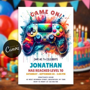 Editable Video Game Controller Birthday Invitation, Gamers Party Digital Invite, Free Thank You Card