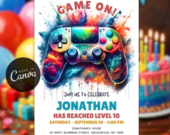 Editable Video Game Controller Birthday Invitation, Gamers Party Digital Invite, Free Thank You Card