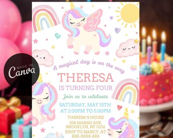 Editable Unicorn Birthday Invitation, Rainbow Party Template, Unicorn Digital Card Invite, Instant Download