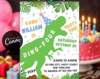 Dino FOUR Birthday Invitation, T-Rex Party Theme Template, Dinosaur Invite (Digital Download)
