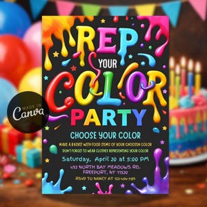 Editable Rep Your Color Birthday Invitation, Colorful Painting Theme Party Template (Digital Download)