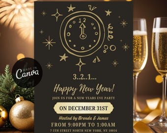 Elegant Black and Gold New Year's Eve Invitation Template (Digital Download)