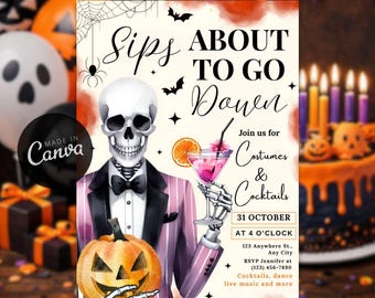 Editable Skeleton Halloween Party Invitation, Cocktails & Costumes, Editable Canva Template
