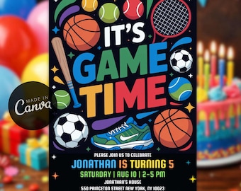 Convite de aniversário esportivo editável All Star, modelo para festa esportiva masculina, convite "Hora do Jogo"