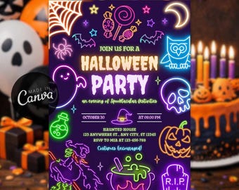 Neon Halloween Party Invitation, Costumes & Cocktails (Digital Download, 5x7" PDF, PNG, JPEG Template)