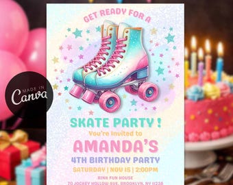 Editable Roller Skating Birthday Invitation, Girls Roller Skate Party Template (Free Thank You Card)
