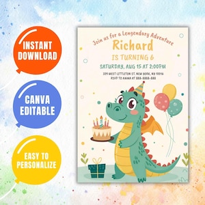 Bearbeitbare Drache-Geburtstagseinladung, Grüner Drache-Einladung, Drache-Einladung, Kinderdrache-Party Evite, sofortiger Download, Canva-Vorlage