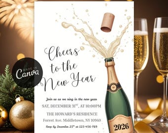 Invitation aquarelle pour le réveillon du Nouvel An : fête fantaisiste en 2026 (téléchargement numérique)
