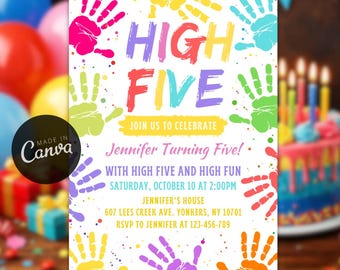 Editable High Five Birthday Invitation, Colorful Paint Party Theme Template, Free Thank you Card