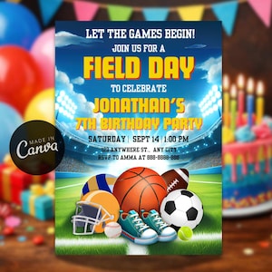 Può includere: Un invito vivace per una festa di compleanno a tema giornata sul campo. Il design presenta uno sfondo di stadio, attrezzature sportive e il testo "LET THE GAMES BEGIN!" e "FIELD DAY". Include la data, l'ora e le informazioni RSVP.