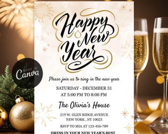 Black and Gold New Year's Eve Invitation, Elegant NYE Evite (Digital Download)