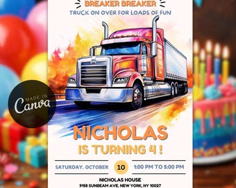 Invitación editable de cumpleaños para camión, plantilla para fiesta de semirremolques, plantilla de Canva para remolques de 18 ruedas
