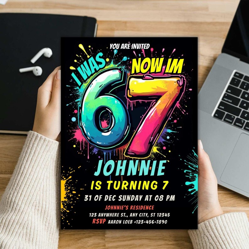 Editable Kids 7th Birthday Invitation, Splash Text Party (digital Evite ...