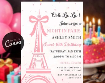 Editable Paris 16th Birthday Party Invitation, Eiffel Tower, Oh La La, Pink Ribbon Evite