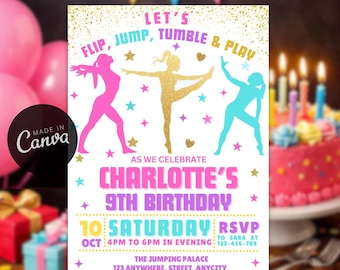 Editable Gymnastics Birthday Invitation, Girls Tumbling Party Invite, Gymnastic Theme Digital Template