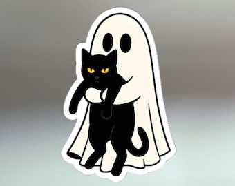 Halloween Ghost & Black Cat Sticker: Waterproof Vinyl Decal
