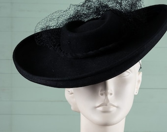1940's Padre Style Tilt Hat Black Wool Fedora Platter