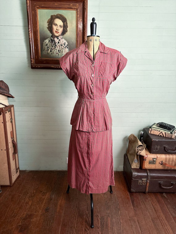1940's Two Piece Cotton Skirt Set Brown Red and G… - image 1