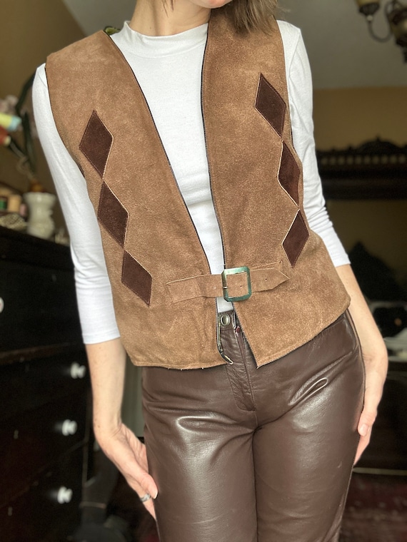1960's Mod Suede Brown Leather Buckle Front Vest … - image 1